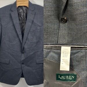 Lauren Ralph Lauren Blazer 50L Gray Blue Glen Plaid Wool 2 Button Sport Coat